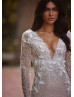 Long Sleeves Glitter Lace Tulle V Back Luxurious Wedding Dress